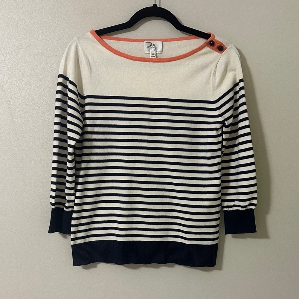 Milly of New York Women’s Boatneck Navy & Cream Striped Sweater Sz Medium Preppy